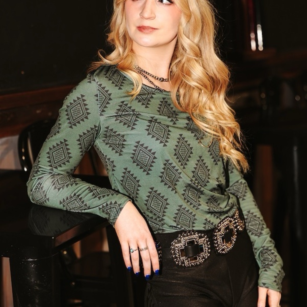 Green Geometric Long Sleeve Top